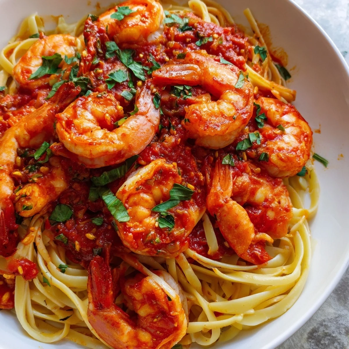 Plump shrimp nestled in fiery tomato sauce over tender linguine in rustic skillet