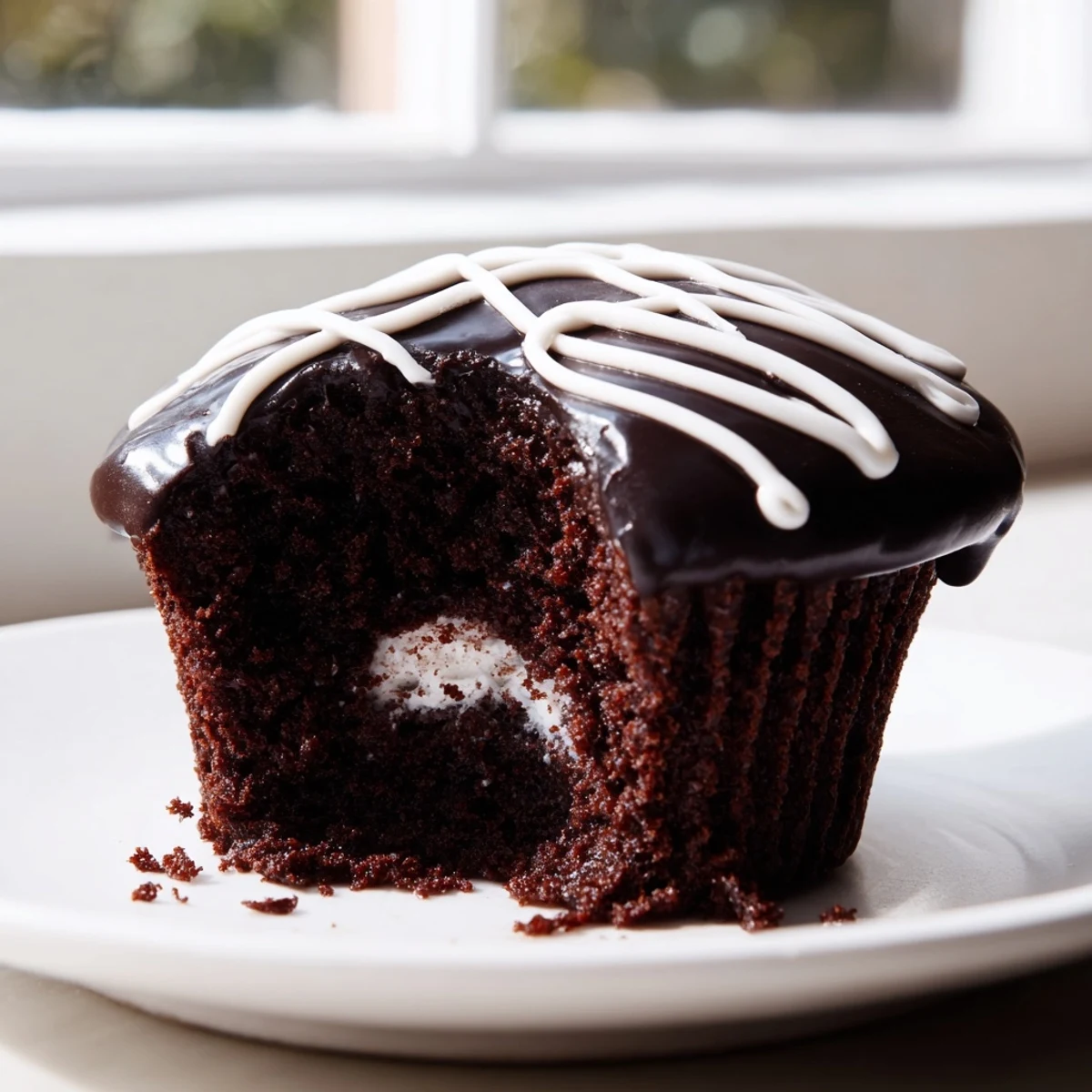 Homemade Hostess Cupcakes with glossy chocolate ganache and iconic white swirl tops