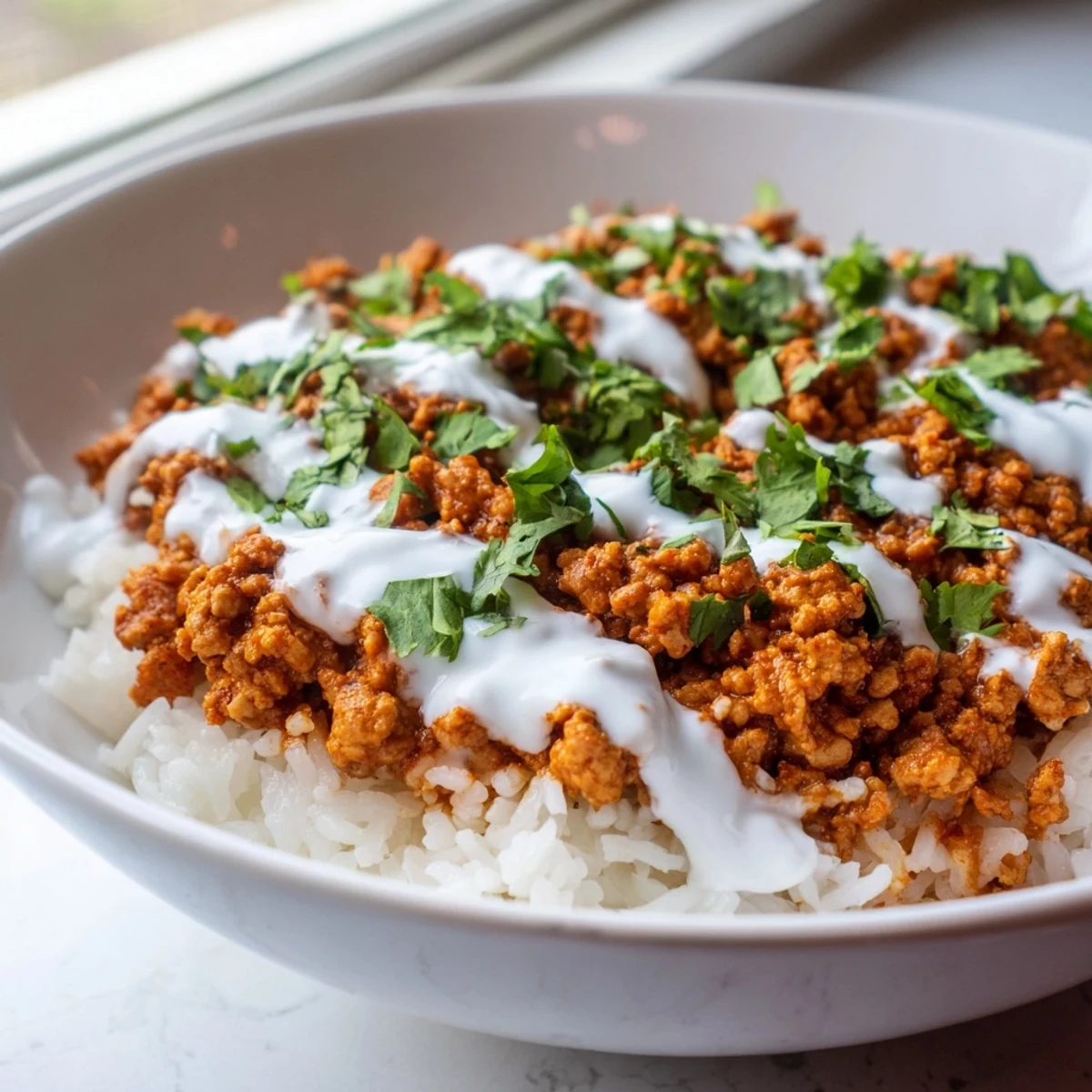 Spiced turkey rice bowls layered with fluffy jasmine rice bright shredded cabbage and a squeeze of fresh lime
