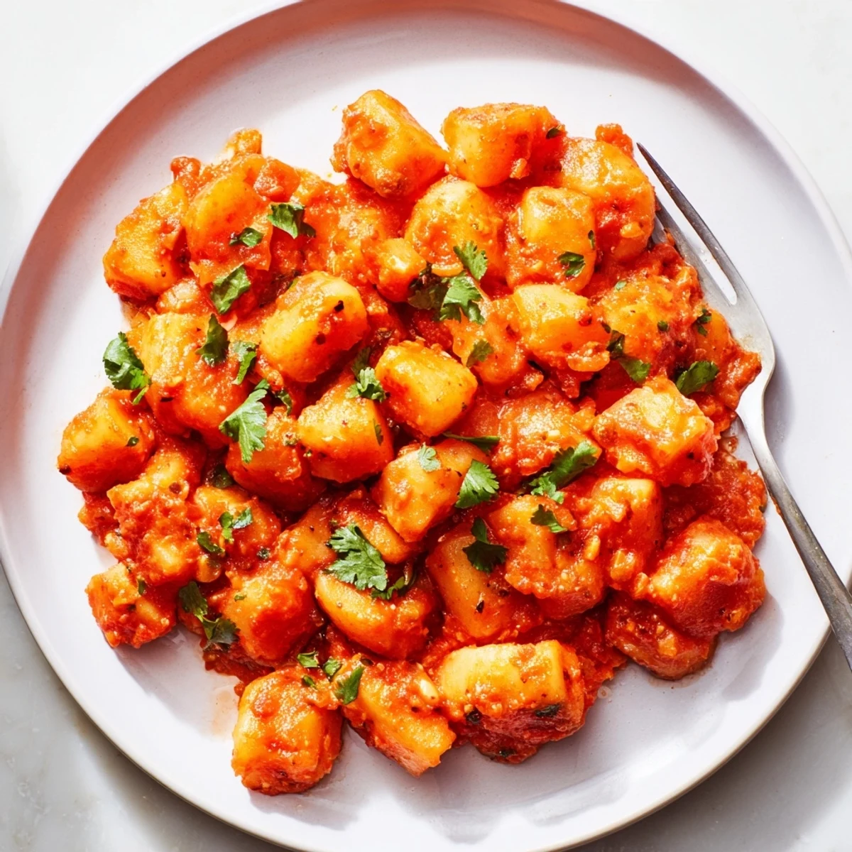 Steaming bowl of Papas Con Chile with tender potatoes in rich red chile sauce