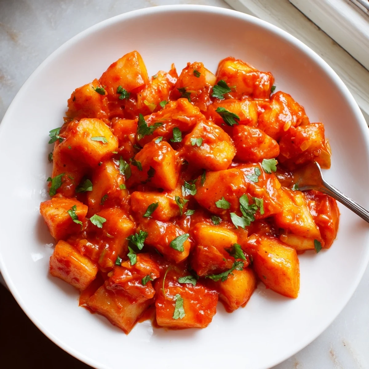 Golden potato cubes coated in spicy chile sauce served in a rustic skillet