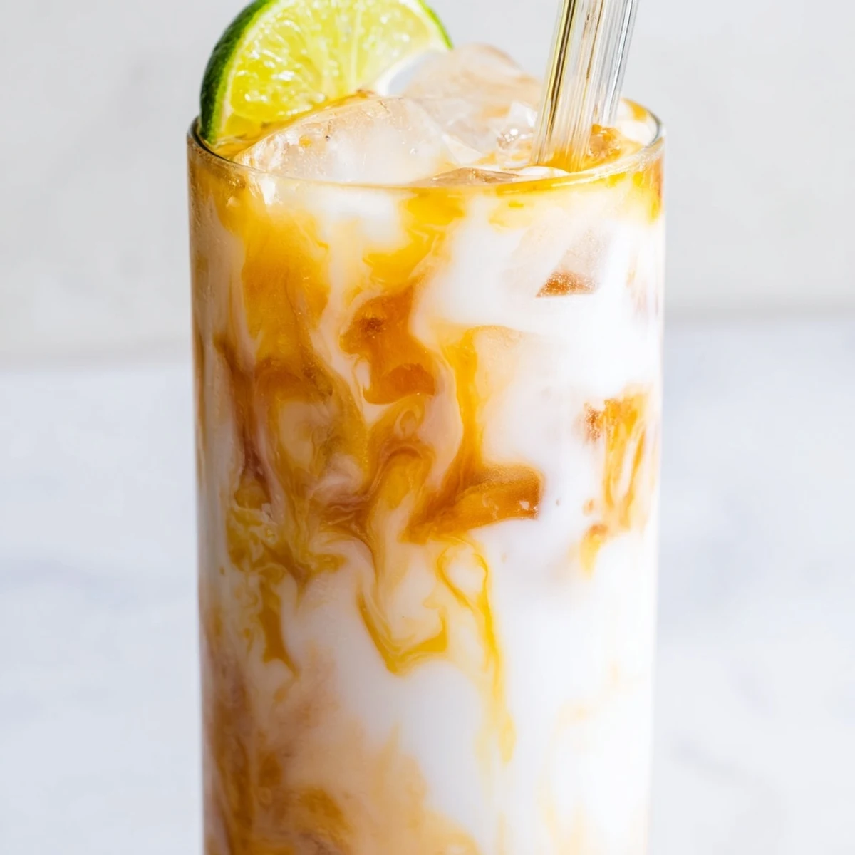 Tropical Thunder Dirty Soda garnished with fresh lime and pineapple wedges