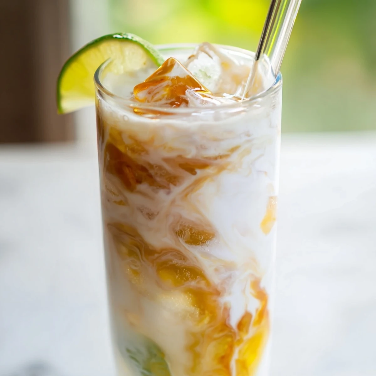 Creamy Tropical Thunder Dirty Soda swirled with mango syrup over crushed ice