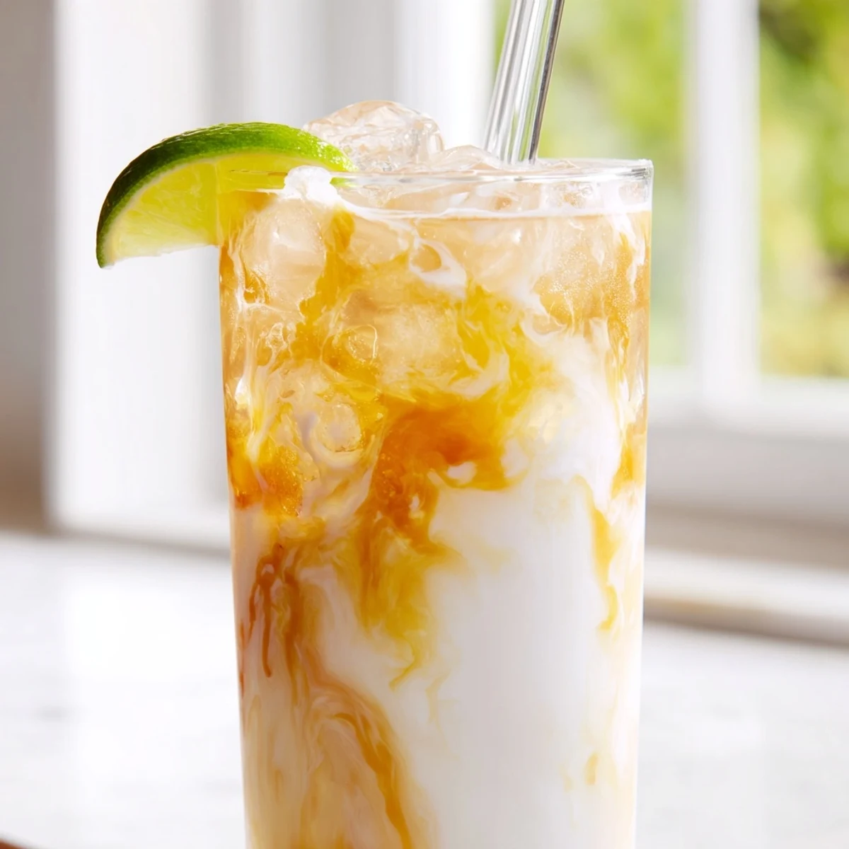 Marbled Tropical Thunder Dirty Soda in a tall glass with coconut cream swirl