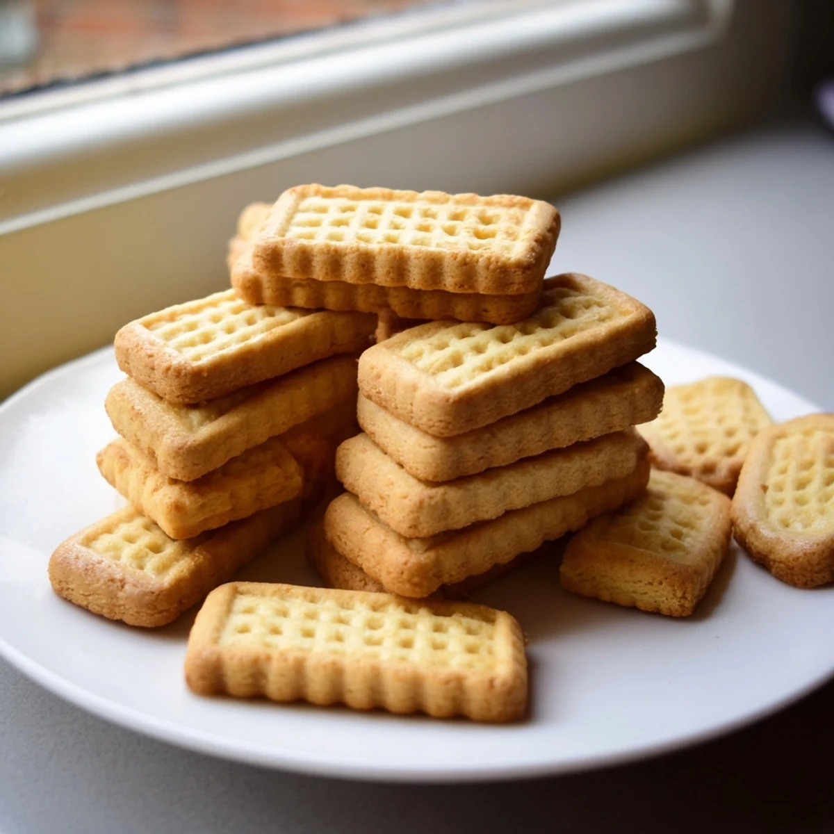 Golden Petit Beurre cookies arranged on a rustic wooden board beside steaming tea