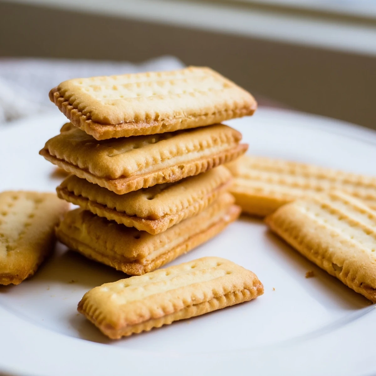 Crisp buttery Petit Beurre biscuits with fork-pricked tops cooling on a wire rack