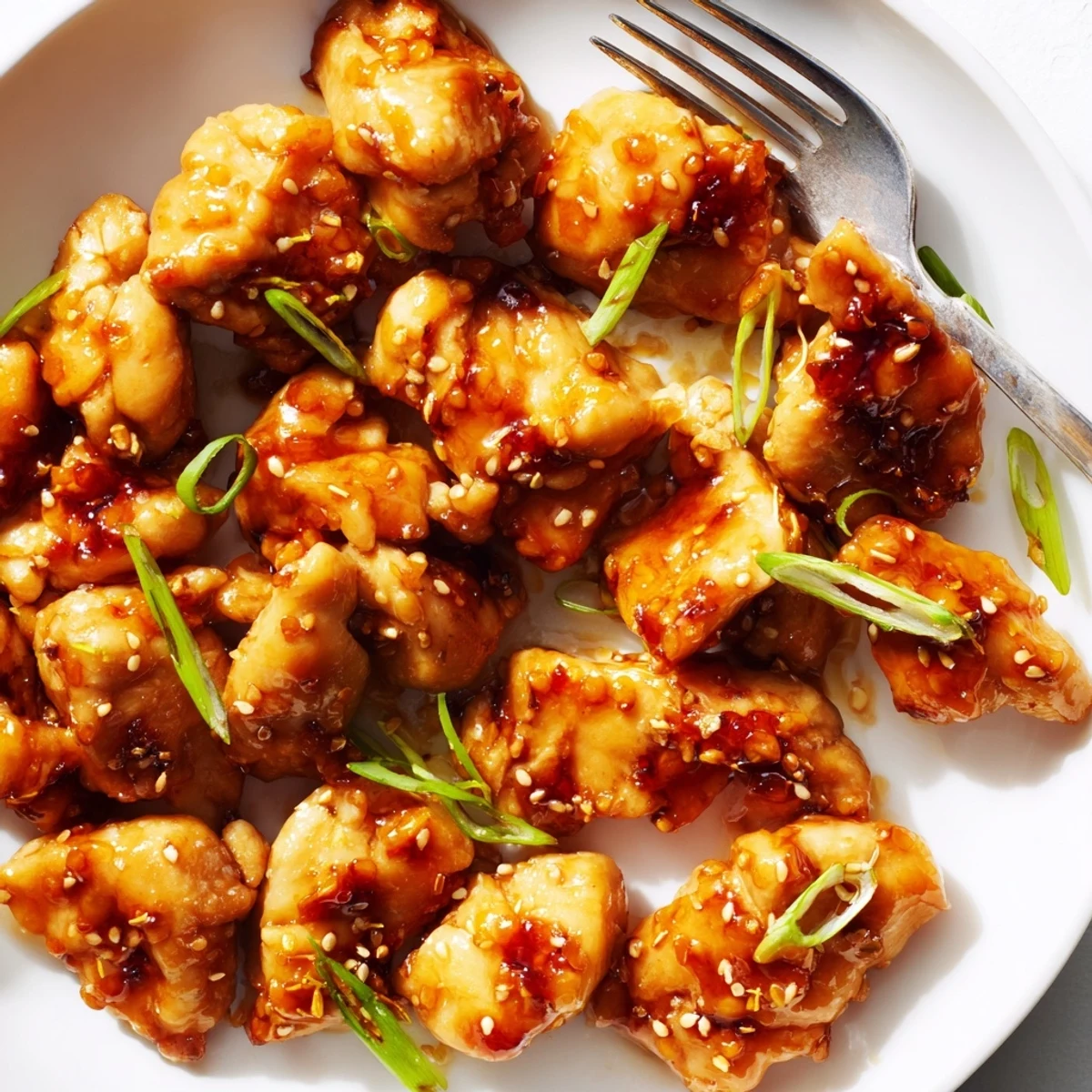 Crispy baked orange chicken glazed in glossy sauce topped with sesame seeds
