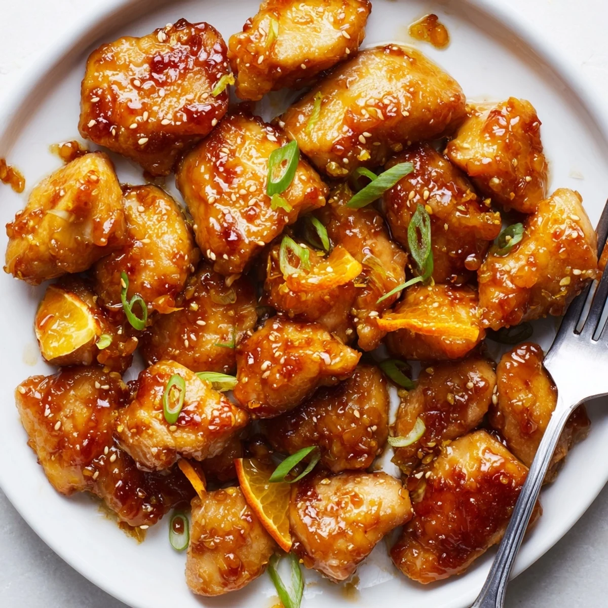 Golden baked orange chicken pieces coated in sticky sweet tangy sauce