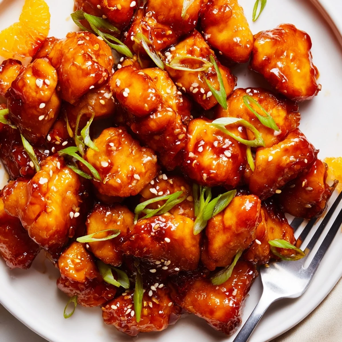 Juicy baked orange chicken garnished with green onions served over steamed rice