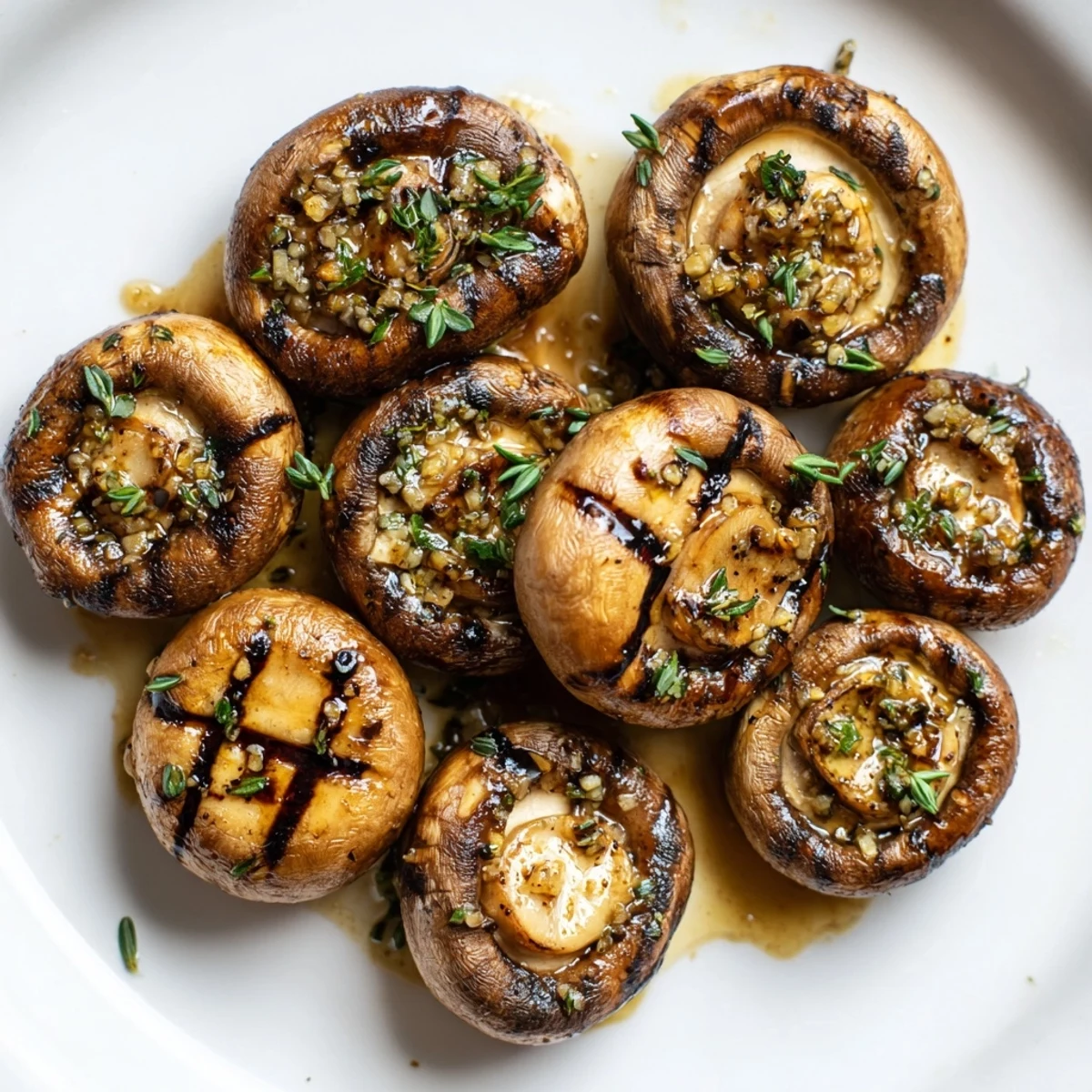 Juicy grilled garlic butter mushrooms with charred edges and fresh parsley garnish