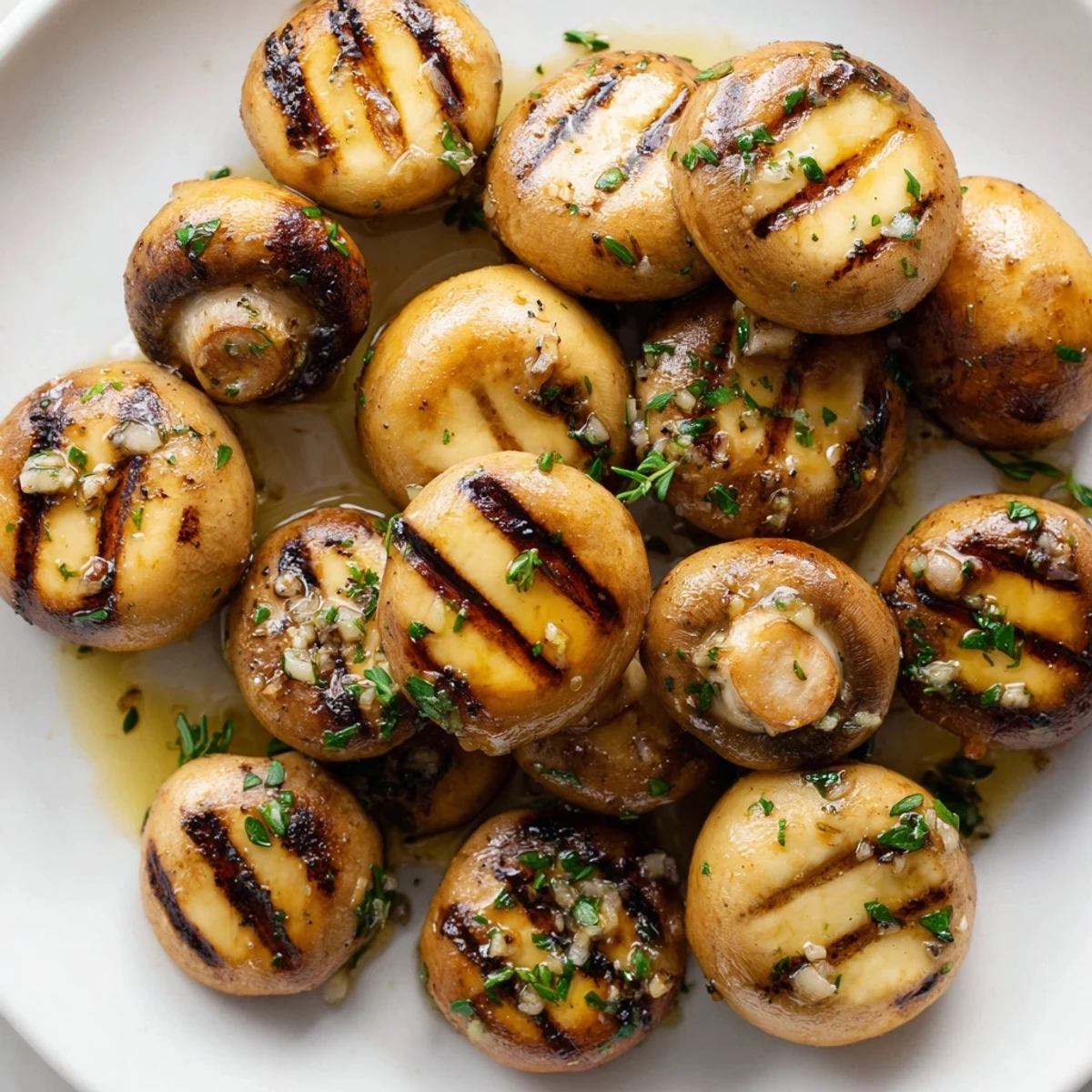 Golden steakhouse style garlic butter grilled mushrooms sizzling on a warm platter