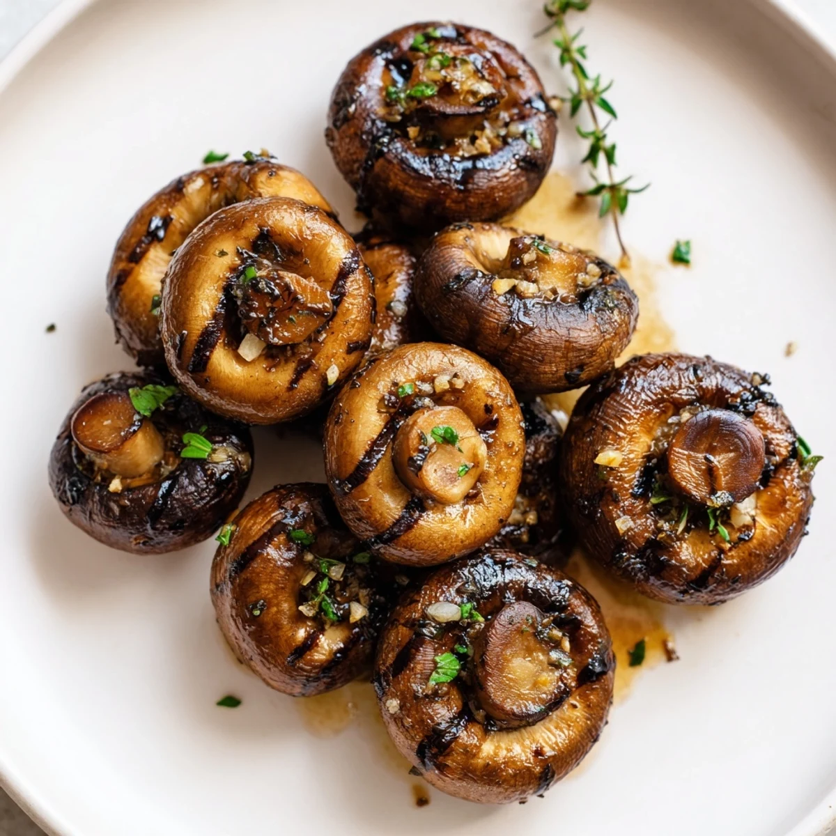 Tender marinated grilled mushrooms glistening with garlic butter and scattered thyme leaves