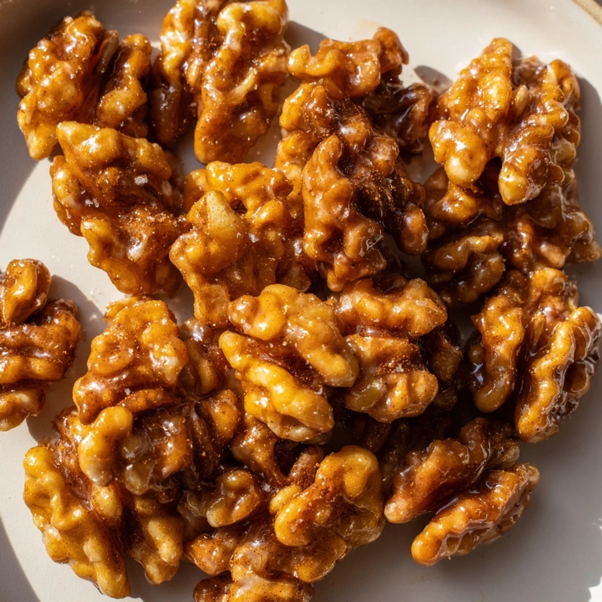 Glossy maple cinnamon walnuts roasted golden on a parchment-lined baking sheet