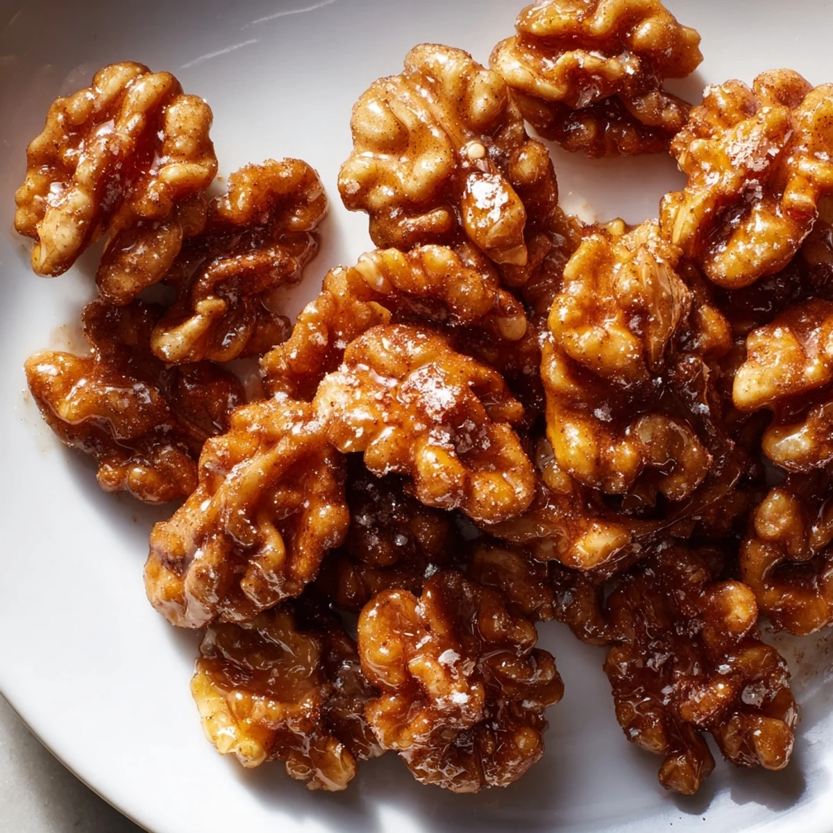 Crunchy maple cinnamon walnuts clustered in a sticky caramelized cinnamon glaze