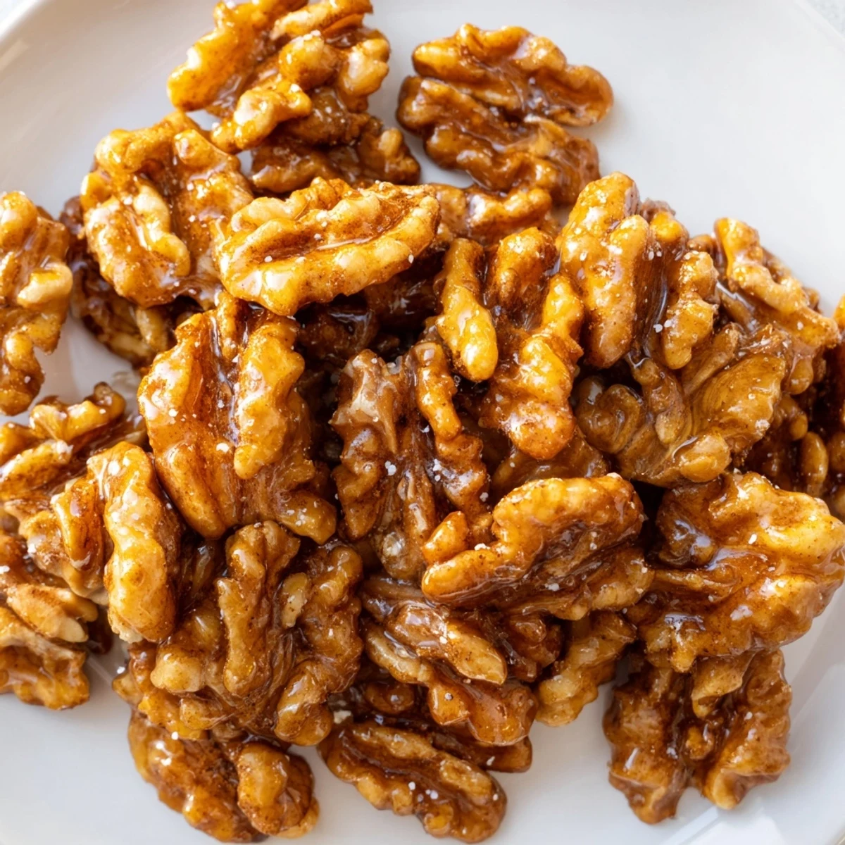 Warm maple cinnamon walnuts piled in a rustic bowl for holiday snacking