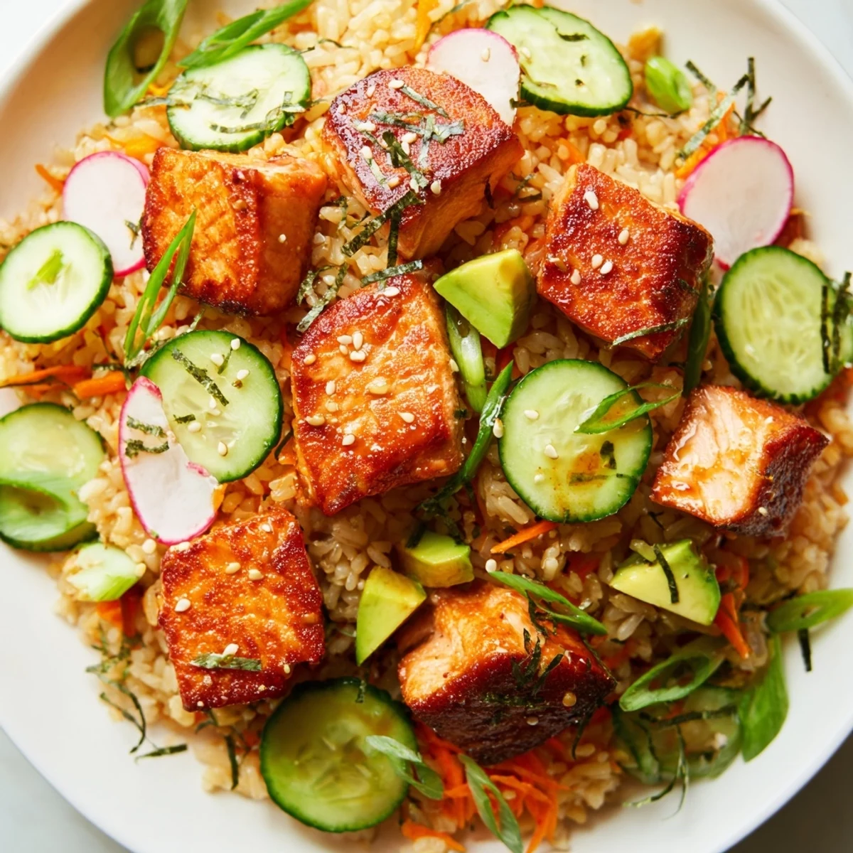 Crispy salmon rice salad topped with colorful vegetables and drizzled ginger dressing