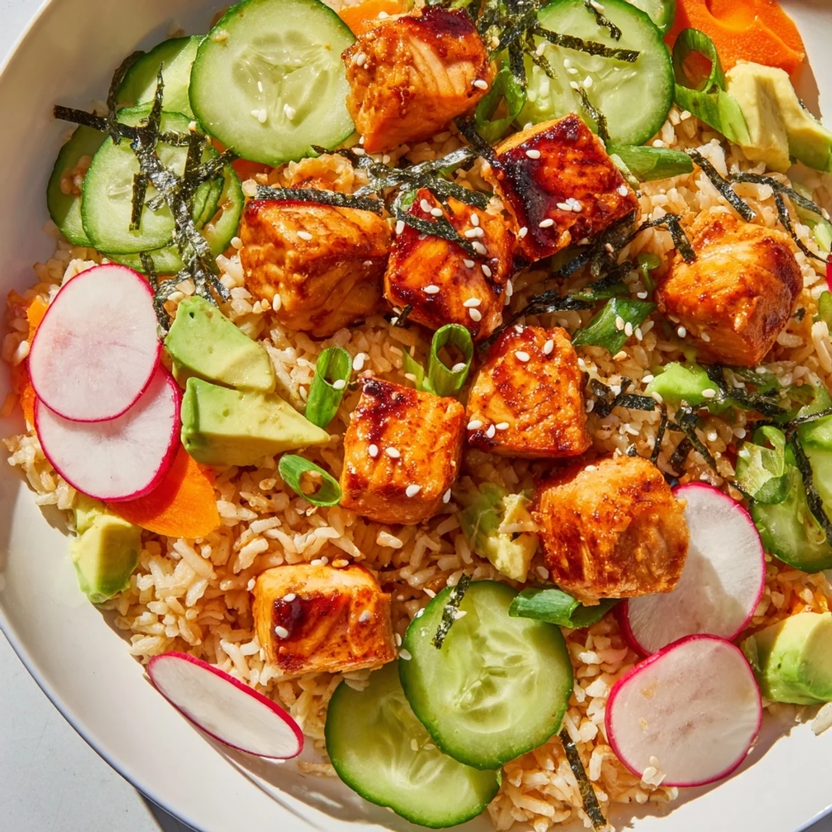 Golden crispy salmon bites nestled on seasoned rice with fresh cucumber and avocado