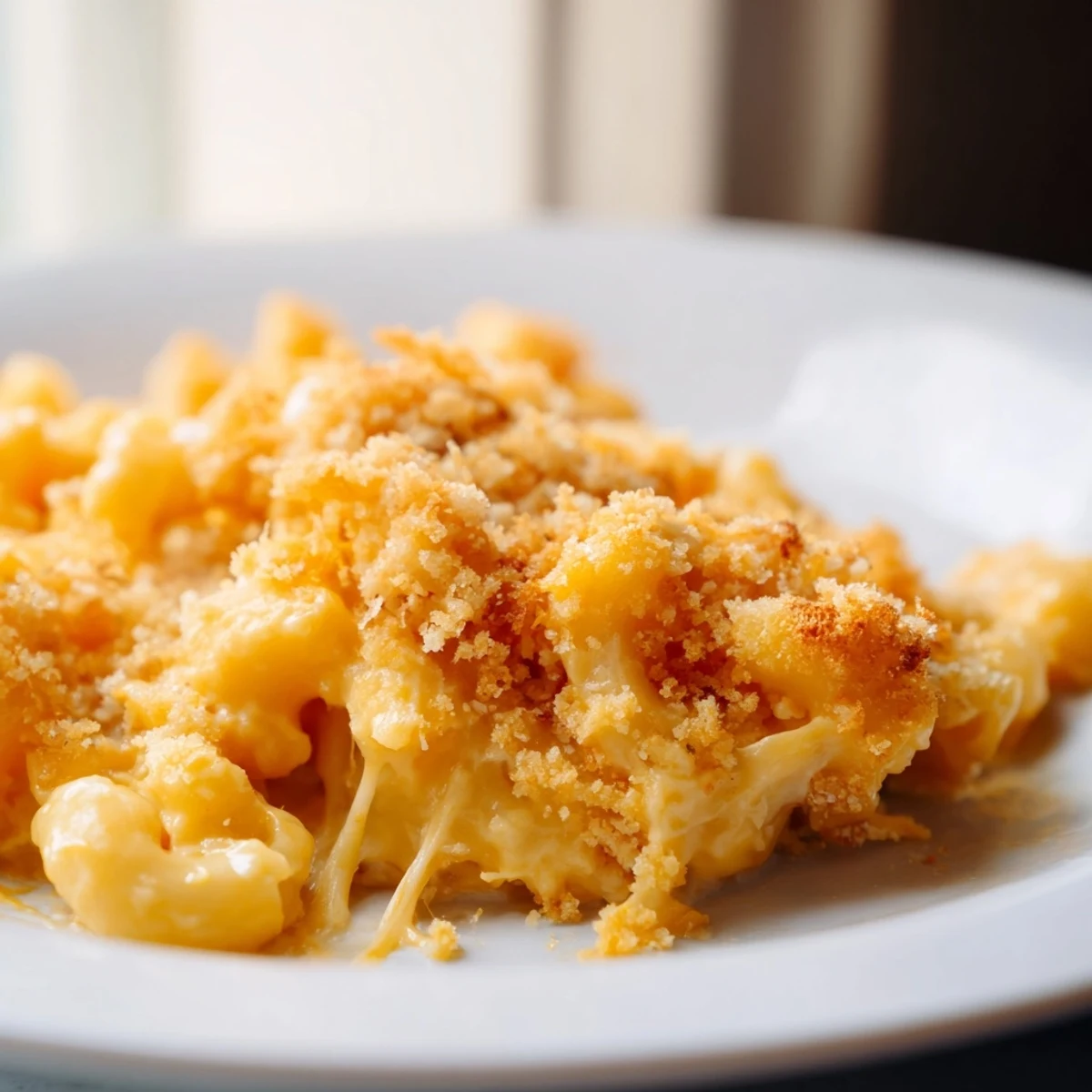 Creamy macaroni cheese with a golden breadcrumb topping served steaming in a baking dish