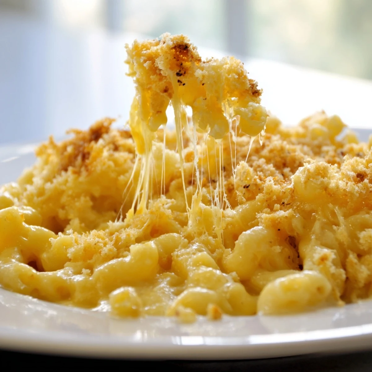 Bubbling macaroni cheese pulled fresh from the oven with melted cheddar and crispy edges
