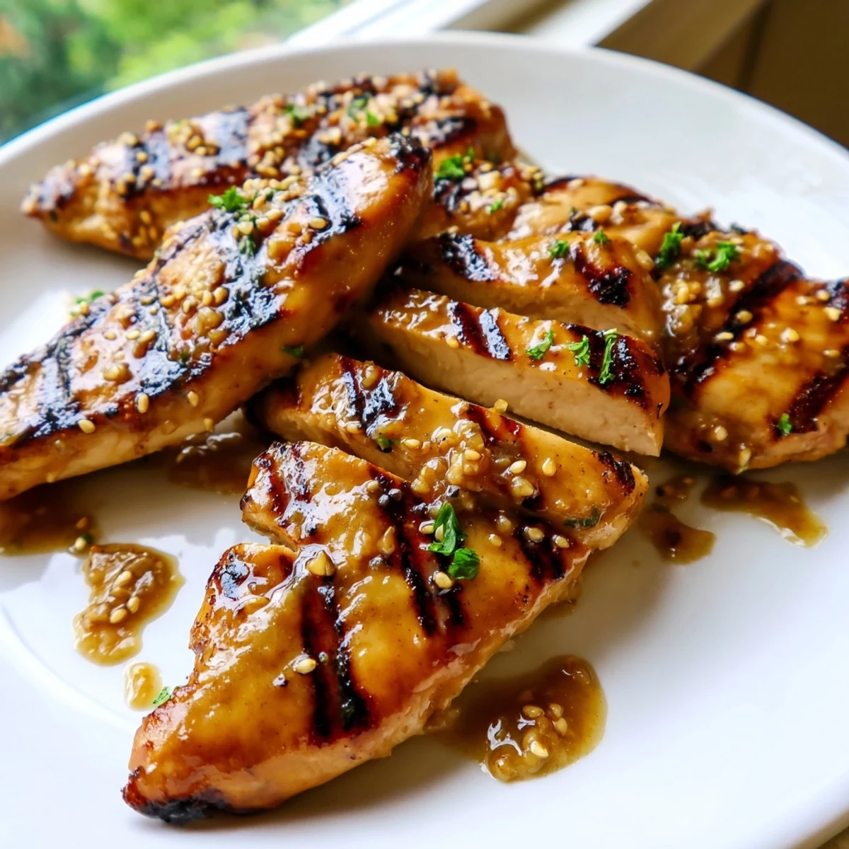Smoky grilled honey mustard chicken with golden char marks on a rustic plate