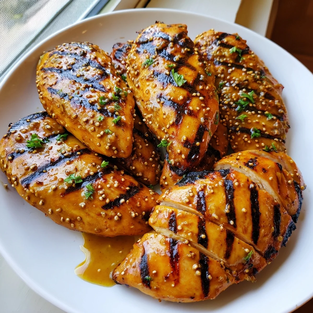 Juicy grilled honey mustard chicken thighs drizzled with glossy sweet-tangy sauce and fresh parsley