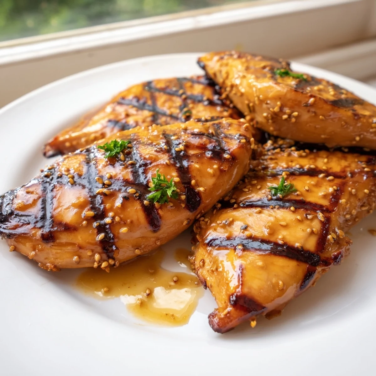 Perfectly charred grilled honey mustard chicken sliced open revealing tender moist meat beside roasted vegetables