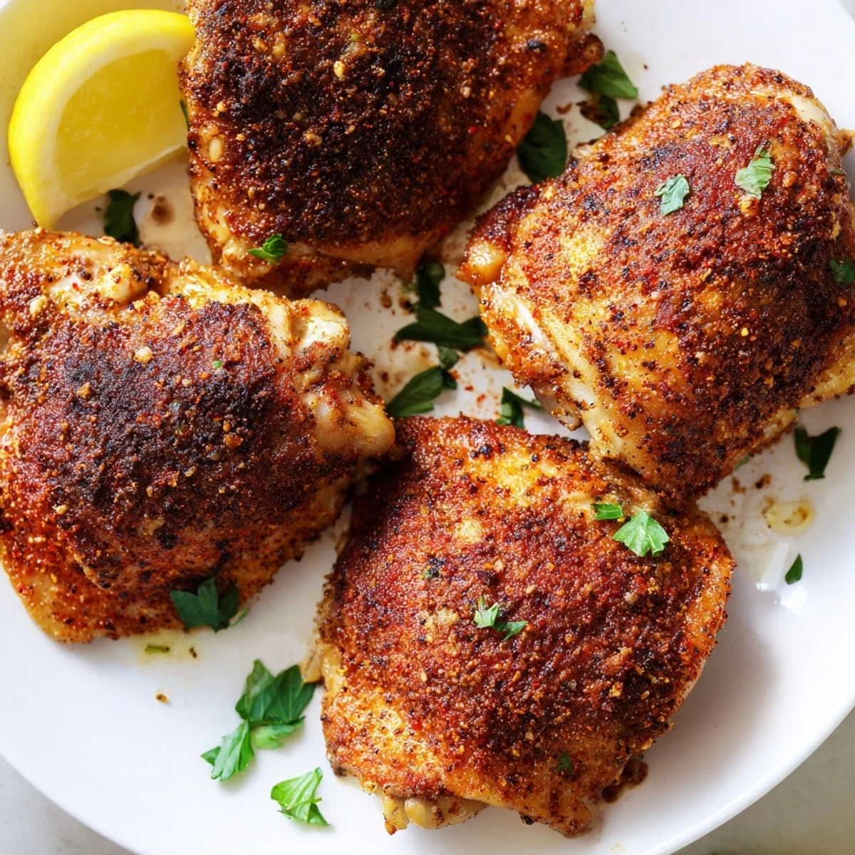 Juicy Old Bay chicken thighs glistening with seasoned oil fresh from the oven