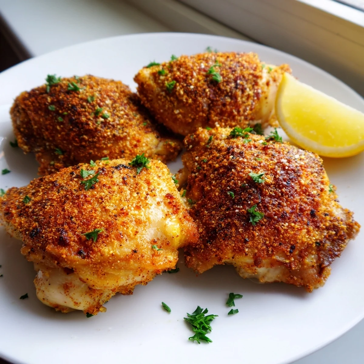 Crispy golden Old Bay chicken thighs roasted on a sheet pan with fragrant spice coating