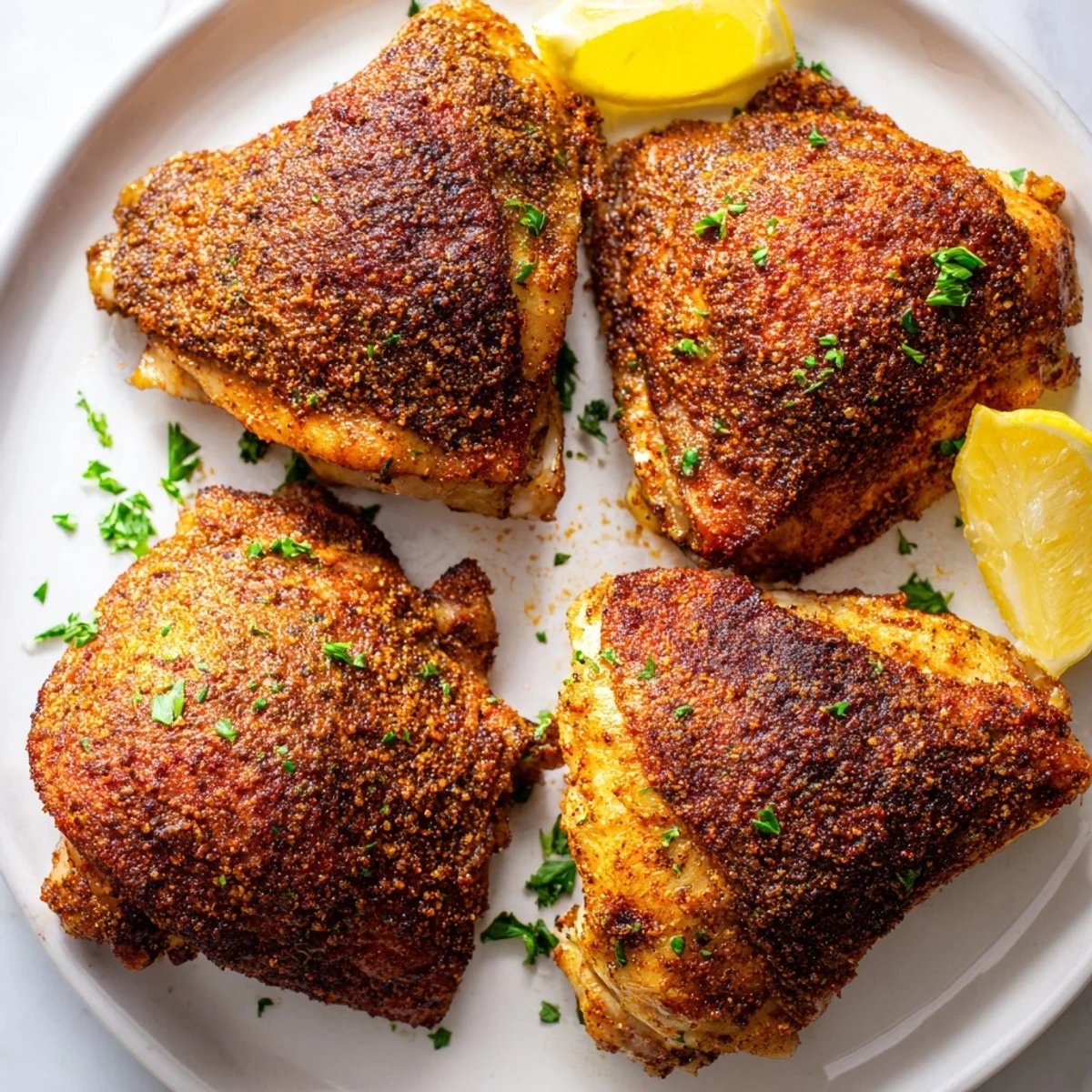 Perfectly roasted Old Bay chicken thighs garnished with parsley and bright lemon wedges