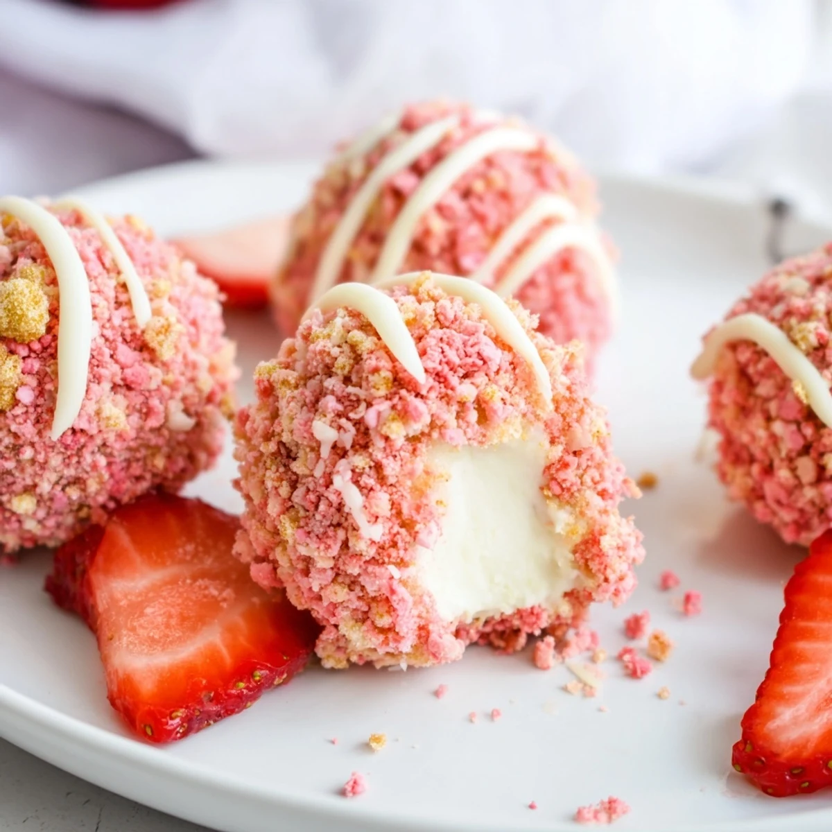 Creamy strawberry crunch cheesecake bites coated in golden cookie crumbs on parchment paper