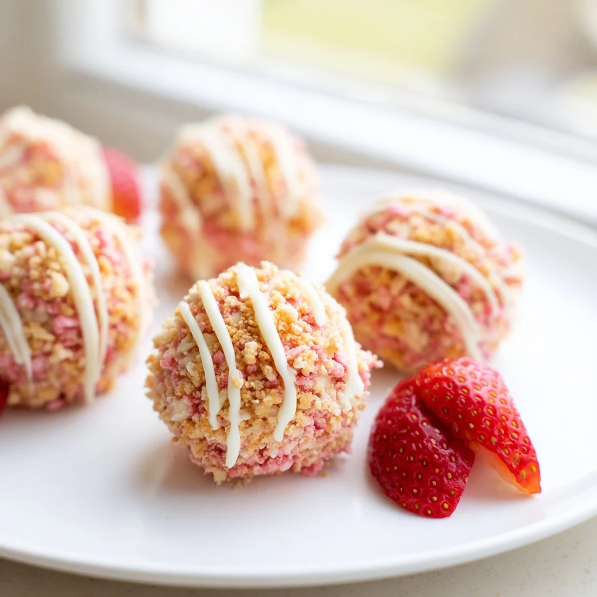 Strawberry crunch cheesecake bites drizzled with white chocolate and topped with fresh berries