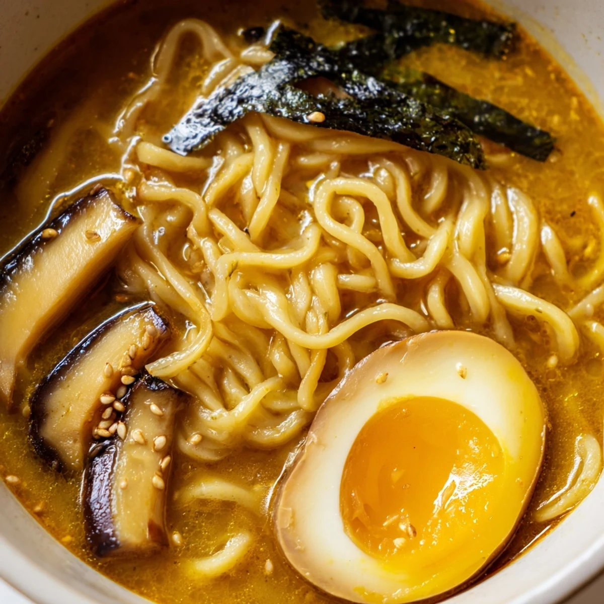 Steaming bowl of ramen topped with soft-boiled eggs, sliced pork, and nori