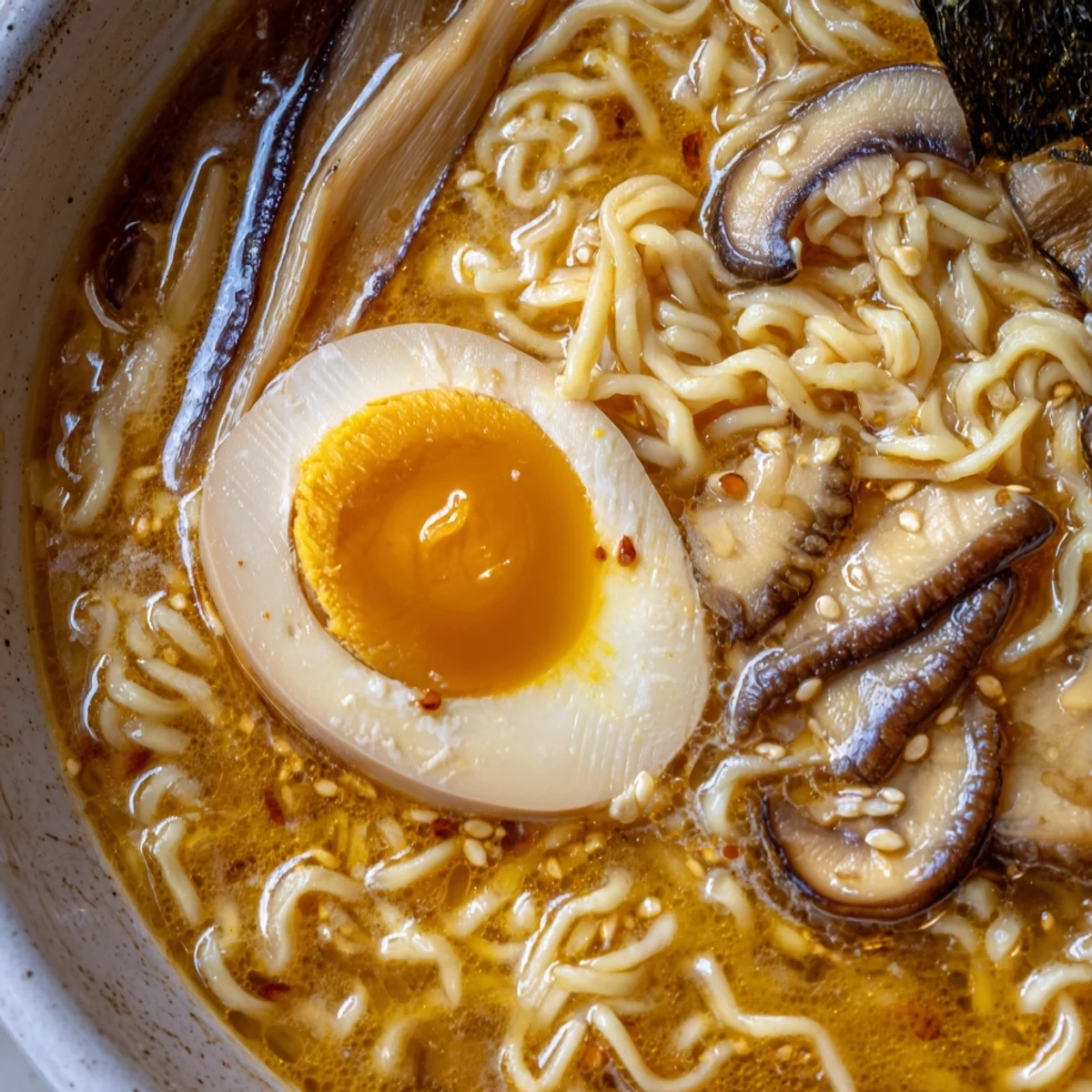 Rich miso ramen with tender noodles, shiitake mushrooms, and sesame seeds