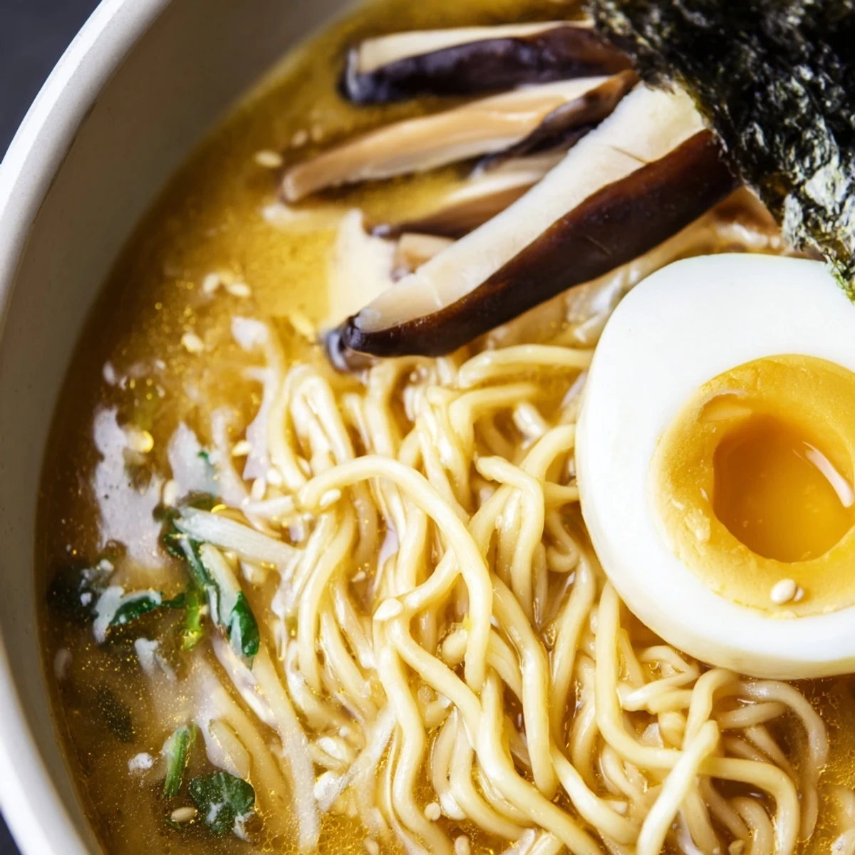 Fresh ramen in savory broth garnished with spring onions and golden egg halves