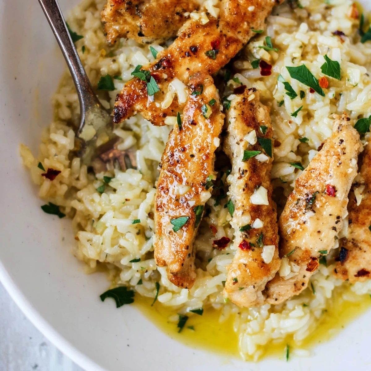 Golden chicken scampi with garlic parmesan rice drizzled in a buttery lemon sauce.