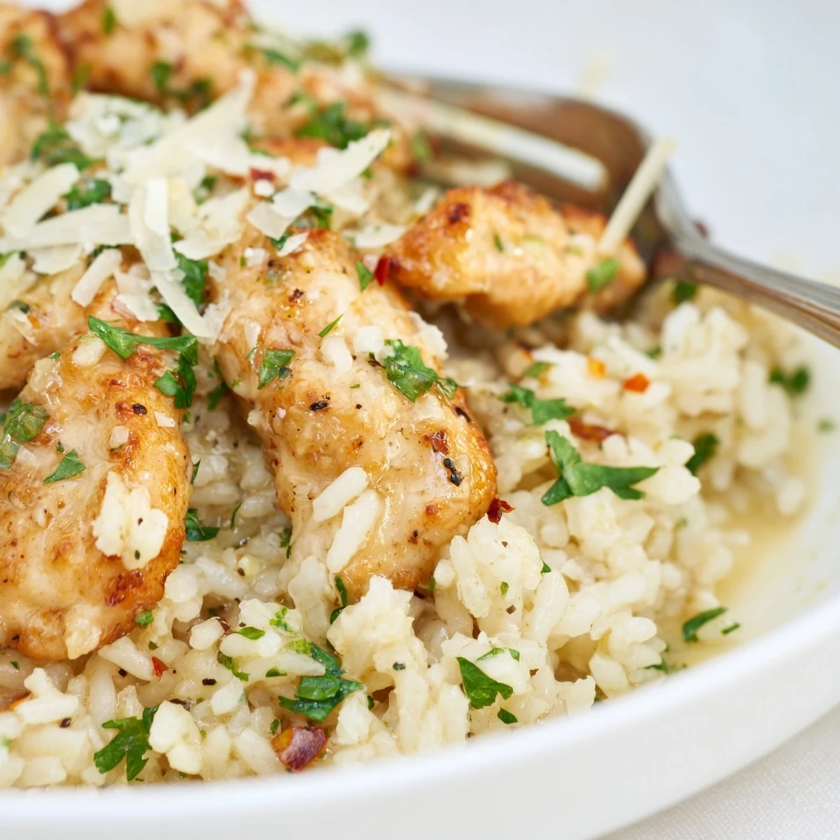 Tender seared chicken scampi served over creamy garlic parmesan rice with fresh parsley.