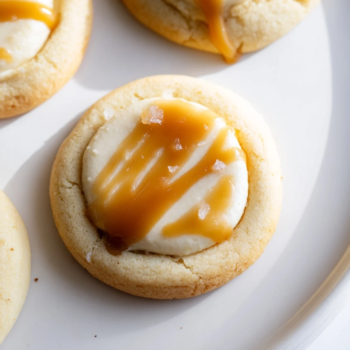 Soft caramel cheesecake cookies with golden caramel drizzle on a rustic baking sheet