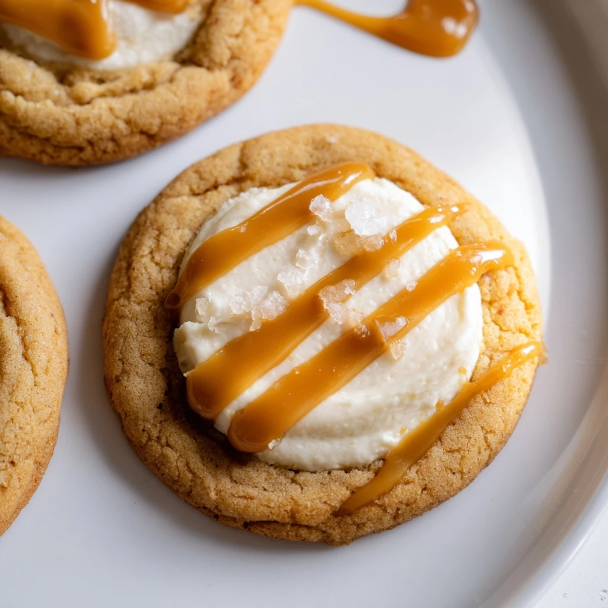 Creamy caramel cheesecake cookies freshly baked with a luscious cheesecake center close-up view