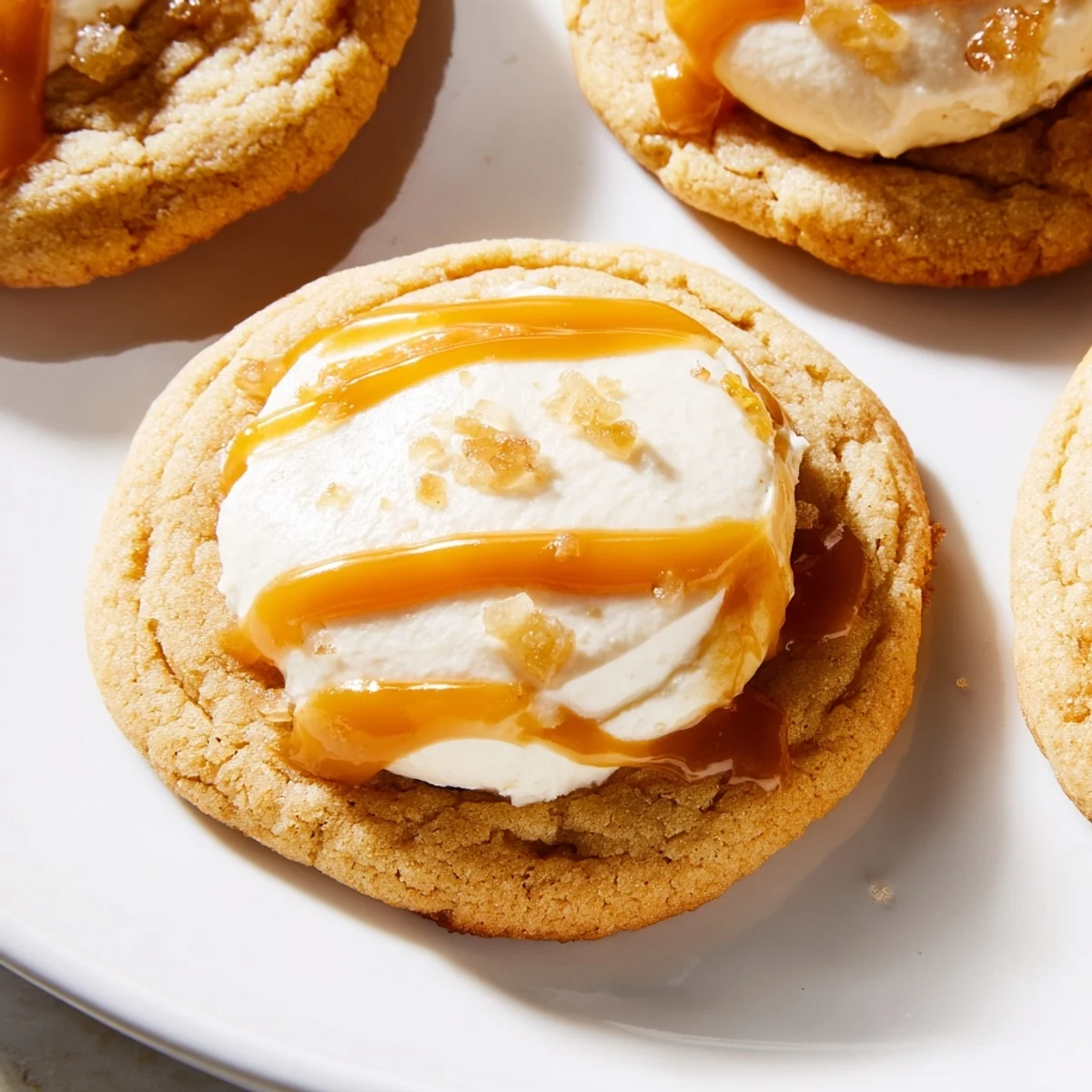 Warm caramel cheesecake cookies arranged on a wire rack with swirled caramel topping