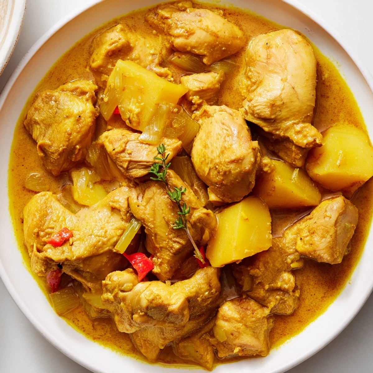 Authentic Jamaican Curry Chicken simmering in a rich golden sauce with tender potatoes