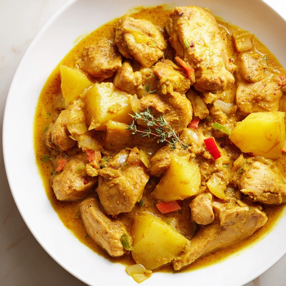 A steaming bowl of Authentic Jamaican Curry Chicken served over fluffy white rice