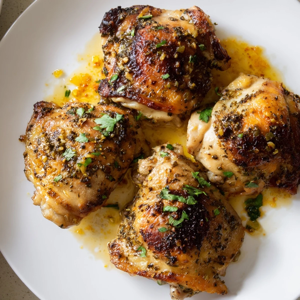 Golden Cuban Mojo Chicken Thighs roasted with crispy skin and fresh cilantro garnish