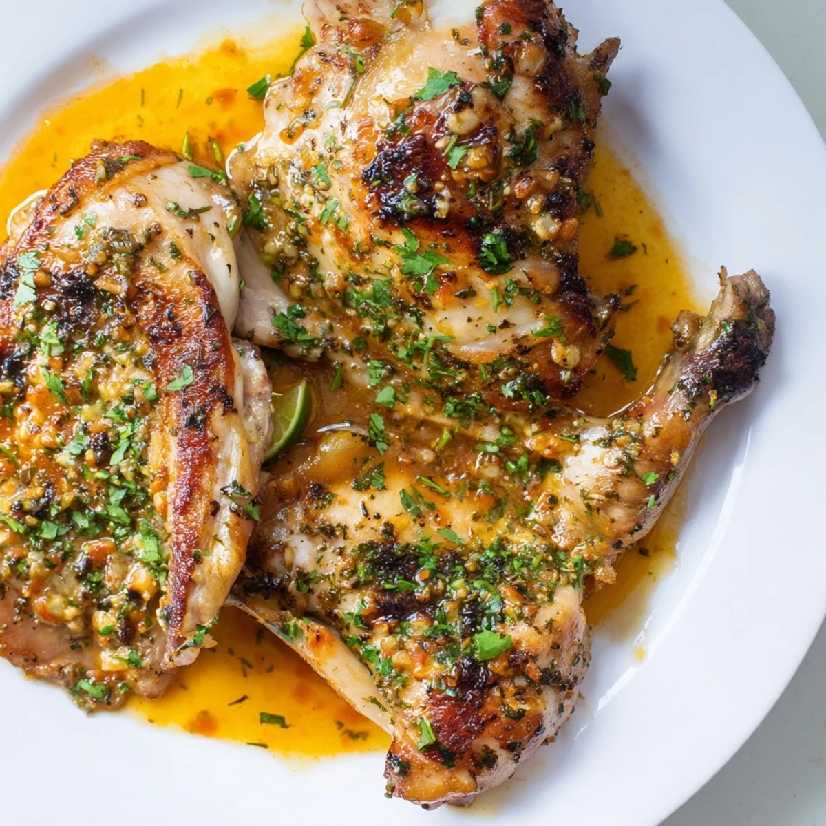 Juicy Cuban Mojo Chicken Thighs drizzled in tangy citrus garlic sauce on a platter