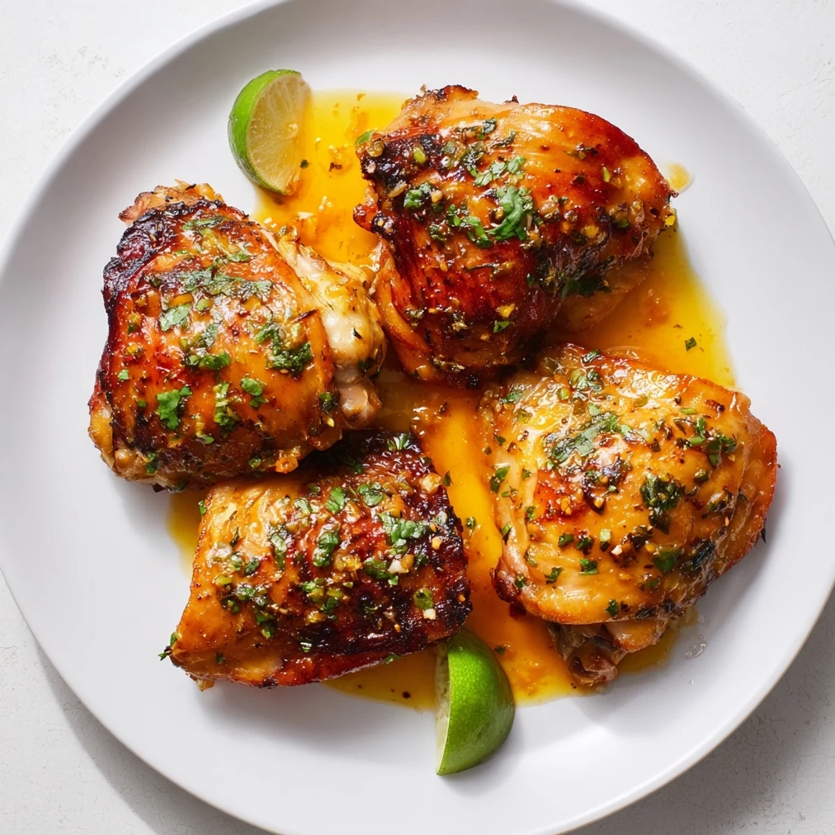 Crispy-skinned Cuban Mojo Chicken Thighs served alongside rice and bright lime wedges