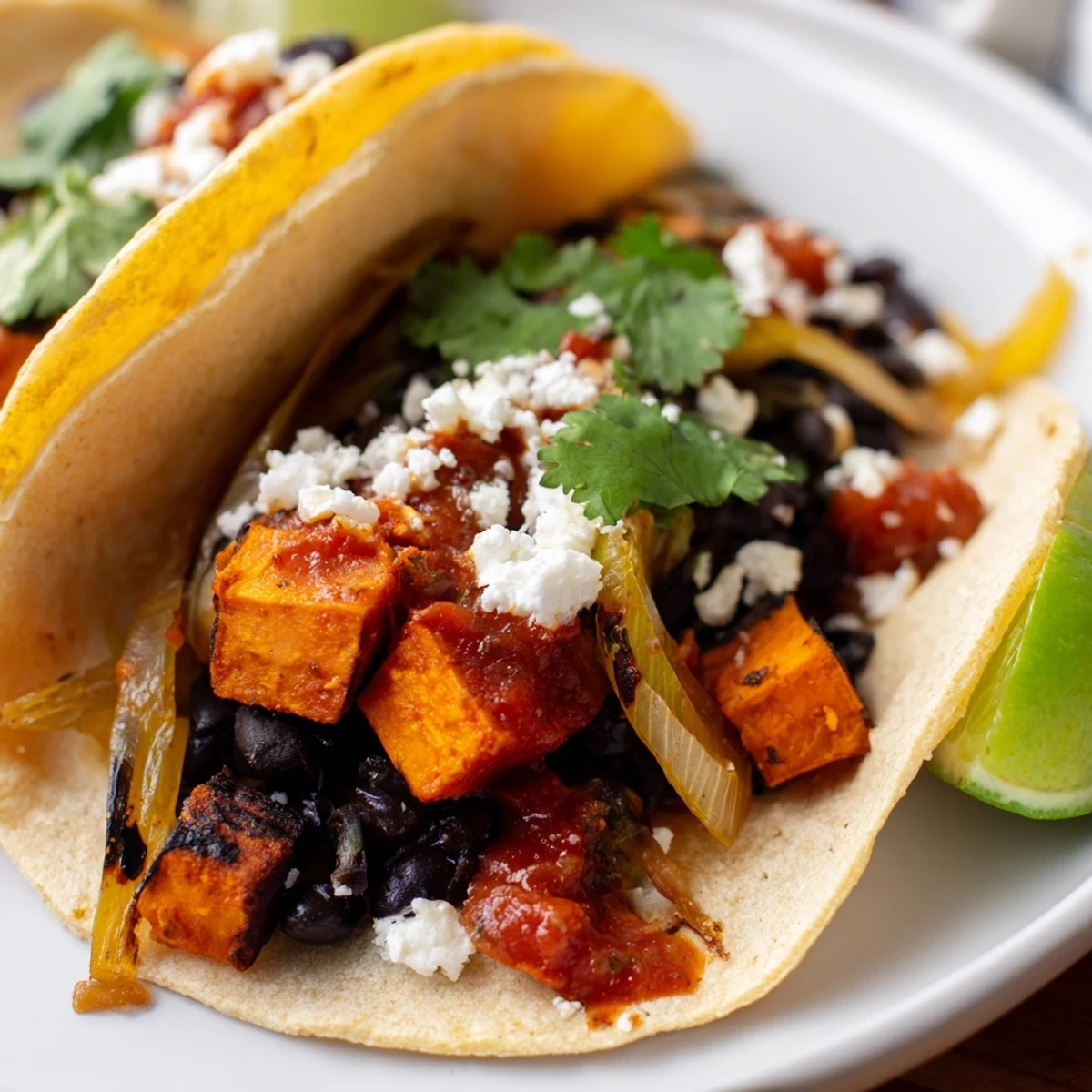 Golden crispy sweet potato bean tacos topped with sautéed onions on warm tortillas
