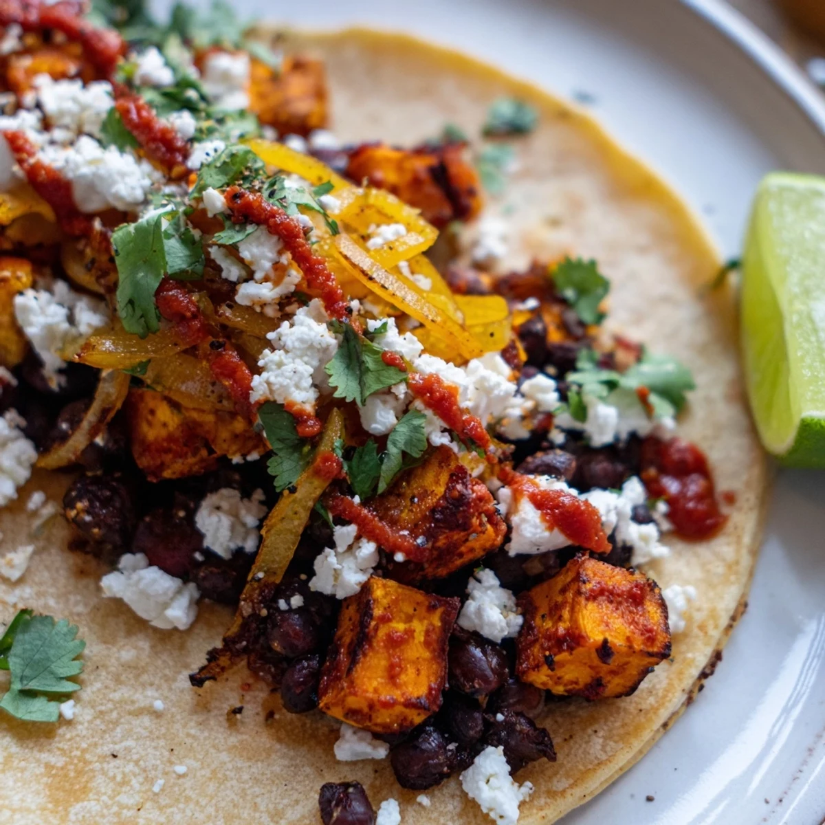 Crispy sweet potato bean tacos loaded with caramelized onions and fresh cilantro