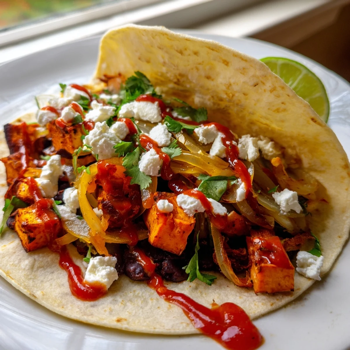 Warm corn tortillas filled with crispy sweet potato bean tacos and bright garnishes