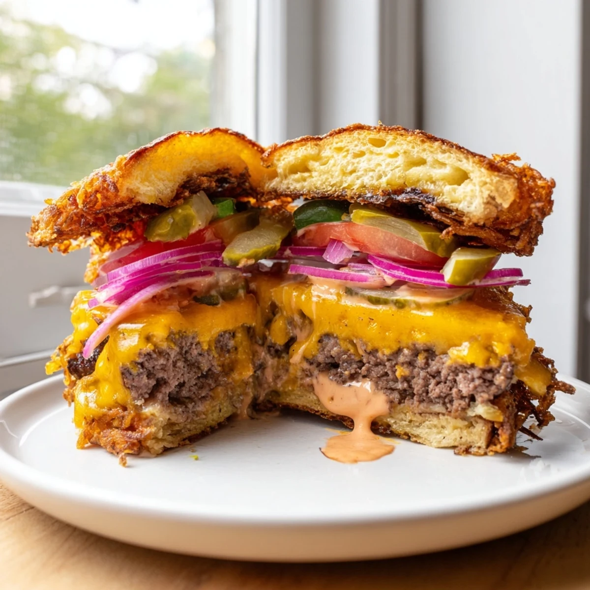 Crispy hash brown smash burgers stacked with melted cheddar on toasted buns