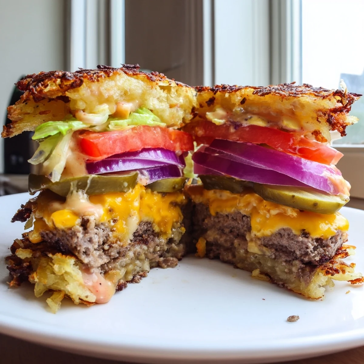 Golden hash brown smash burgers garnished with pickles, lettuce, and tomato