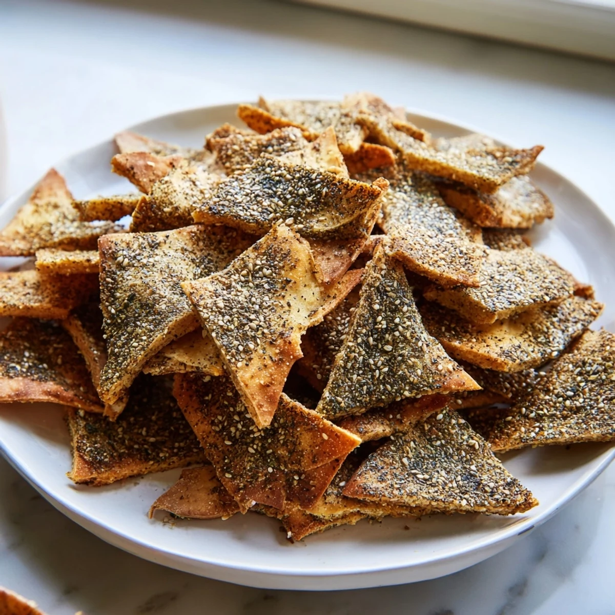 Golden crispy zaatar pita chips sprinkled with fragrant herbs, served alongside creamy hummus dip